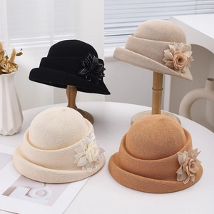 Chapeau Cloche Femme Tricot Polyester Fleur Strass Protection Solaire Respirant Été Plage Vintage Français Élégant
