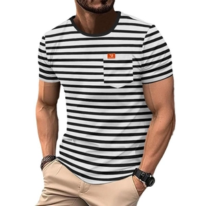 Men's casual striped short sleeve T-shirt with round neck and chest pocket