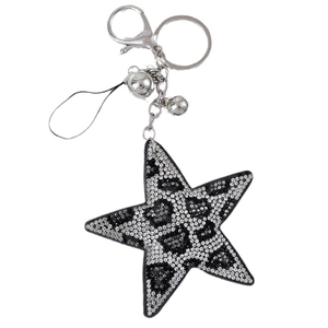 Star-shaped rhinestone keychain with black leopard pattern and silver metal rings