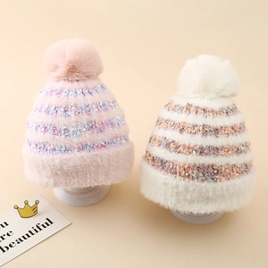 Bonnet En Tricot D'hiver Pour Enfants Acrylique Doublé De Peluche Chaud Épaissi À Rayures Colorées Pompon Pour Filles