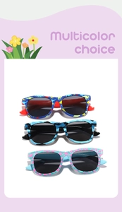 Detailed view of kids sunglasses in dinosaur, camo and watermelon patterns