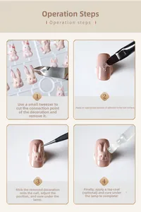 Step-by-step tutorial for applying 3D pink gradient resin bunny nail art charms