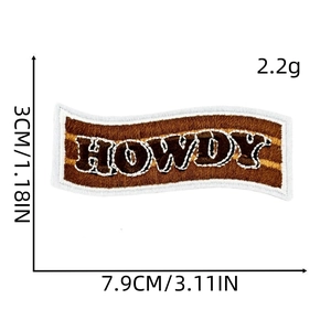 Detail showing Howdy embroidered patch dimensions 7.9x3cm with brown faux fur texture
