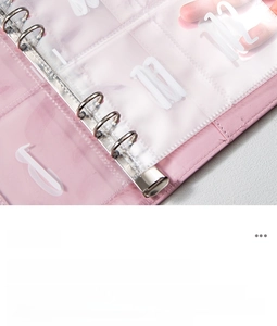 Detail of A5 pink PU leather binder with 6-ring mechanism and numbered budget envelopes