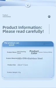 Specifications chart for self-cleaning pet brush showing ABS and stainless steel materials