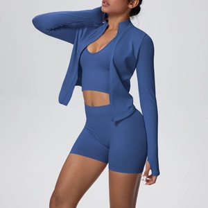 Détails de l'ensemble de yoga bleu 3 pièces pour femme avec veste zippée, brassière et short