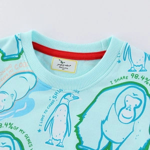 Boys' light blue sweatshirt featuring cute cartoon animal prints and crew neck detail