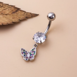Piercing nombril en acier argenté avec pendentif papillon en zircon et gemme claire