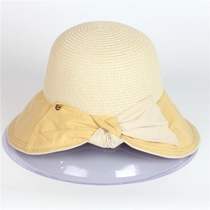 Damen Sommer Strohhut in Beige und Gelb mit großer Schleife und breiter Krempe