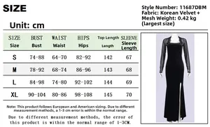 Size chart for velvet mesh slit maxi dress with specific measurements in centimeters