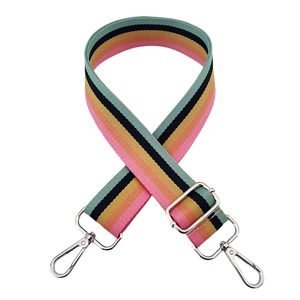 Adjustable rainbow striped bag strap with silver metal swivel hooks on white background