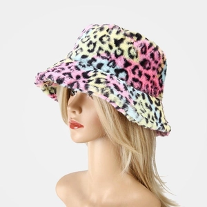 Colorful faux fur bucket hat with trendy leopard print for winter warmth and fashion