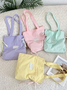 Women Shoulder Tote Bag Polyester Drawstring Ribbon Bow Large Capacity Casual Aesthetic Korean Style