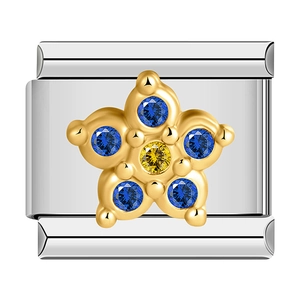 Italian modular charm in silver steel with blue and yellow jeweled gold flower