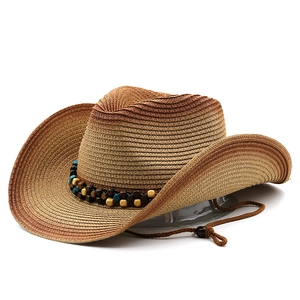 Chapeau de cowboy classique en paille dégradée avec perles turquoise et mentonnière réglable