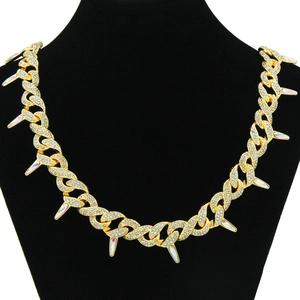 Alloy Rhinestone Spiked Cuban Chain Necklace Iced Out Hiphop Men Personality Colorful Twist Buckle Neck Chain