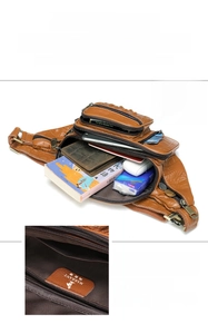 Brown leather waist bag detail showing multiple zipper pockets and spacious compartments