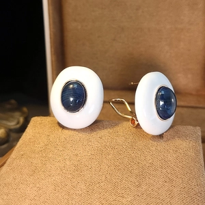 French vintage oval clip-on earrings with blue enamel and gold-plated copper texture