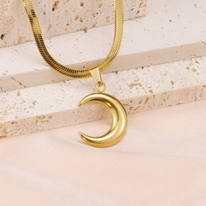 18K gold plated crescent moon pendant necklace with flat herringbone snake chain