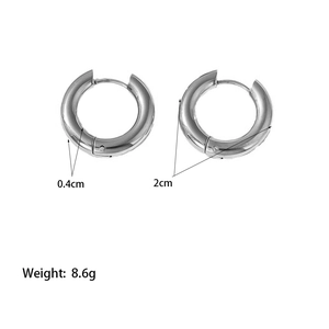 Detail showing 4mm thick stainless steel hoop earrings with 2cm diameter and 8.6g weight
