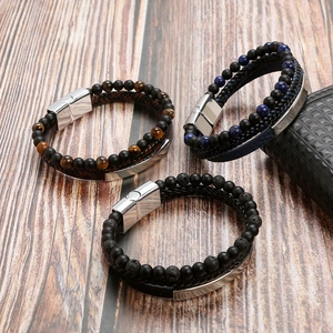 Multilayer leather and natural stone beaded bracelet with magnetic stainless steel clasp