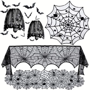Halloween Lace Decoration Black Spider Web Bat Skeleton Ghost Pattern Table Runner Fireplace Scarf Door Curtain Polyester