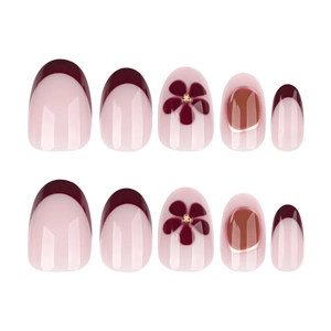 Short round French press-on nails with vintage red flowers and glossy 3D gold bead accents