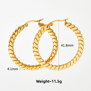 Detail shot of golden twisted rope hoop earrings showing 41.8mm diameter and 4.1mm thickness