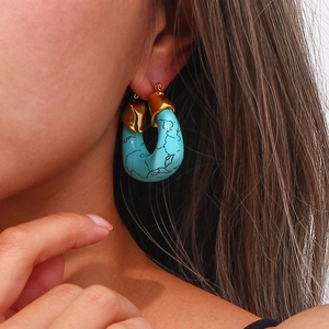 Fashionable gold hoop earrings with turquoise texture inlay for women's jewelry collection