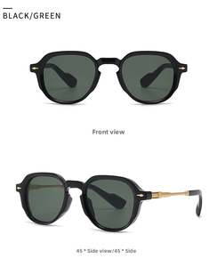 Detailed views of vintage retro sunglasses with thick black frames and dark green lenses