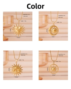 Detail of 18K gold plated sun and heart pendants on snake chain with dimensions and weight