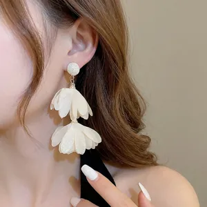 Elegant cream white chiffon flower drop earrings with raffia fringe in a romantic style
