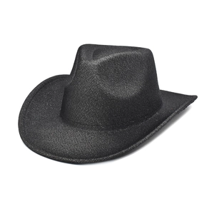 Close-up of a black glitter cowboy hat with textured sparkles for club parties