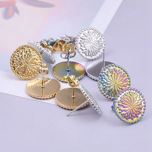 Macro view of 304 stainless steel stud earrings with sunburst texture in various finishes