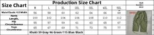 Size chart for men's multi-pocket cargo pants showing waist, length, and hip measurements