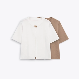 Women Short Sleeve Knit Cardigan Round Neck Single Metal Button Solid Color Elegant Casual Versatile Top