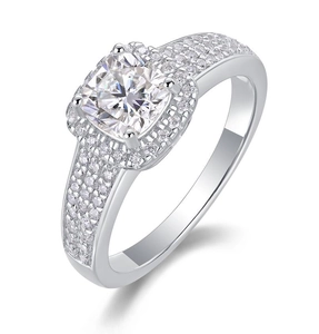 Macro shot of silver sterling ring featuring square-cut moissanite and micro-pave stones