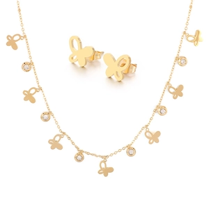 Elegant gold butterfly jewelry set including a necklace and earrings with crystals