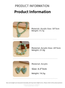 Detailed dimensions and weight specifications of green marble acrylic jewelry set