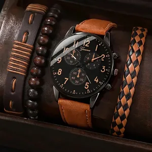 Geneva Herren Business Uhren-Set Legierung Gehäuse PU Lederband Rund Quarz Armbanduhr Vintage Holzperlen Gewebte Armbänder Mode Handgelenk Accessoire