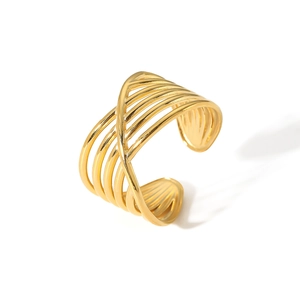 Adjustable multi-layer crisscross open ring in 18K gold plated stainless steel