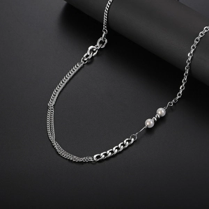 Minimalist double-layer silver titanium steel necklace with elegant white pearls