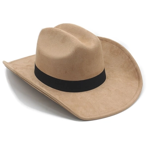 Detailed side view of a camel faux suede cowboy hat with a black decorative ribbon band