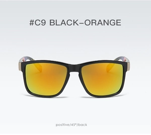 Front view of black sports sunglasses with orange reflective lenses and durable frame