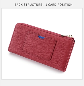 Detail of genuine leather rose red long wallet with RFID protection and back card slot