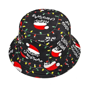 Black Christmas bucket hat featuring festive Santa Claus prints and colorful neon lights