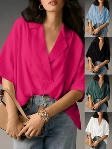 Women Short Sleeve Blouse V Neck Lapel Shirt Loose Fit Solid Color Satin Luster Polyester Top Elegant Office Commuter Casual
