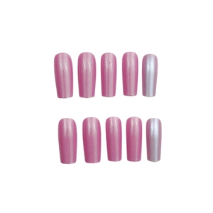 Pearlescent pinkish-purple long coffin press-on nails with shiny metallic finish