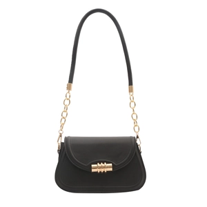 Fashionable black leather saddle bag with gold metal buckle and chain strap on white background
