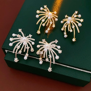 Detail of 18K gold and silver plated fireworks earrings with pearls and crystals